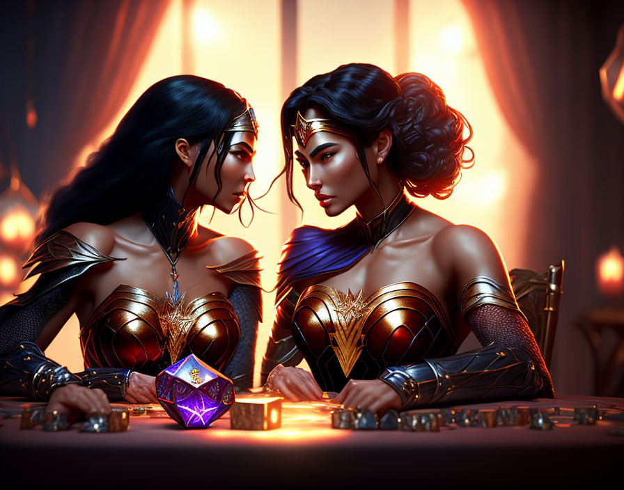 Two women in warrior costumes with glowing gem in candlelit ambiance