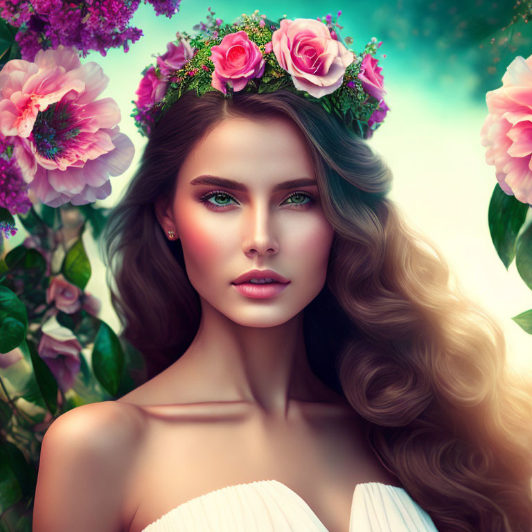 Woman with Floral Crown and Green Eyes Surrounded by Flowers on Teal Background