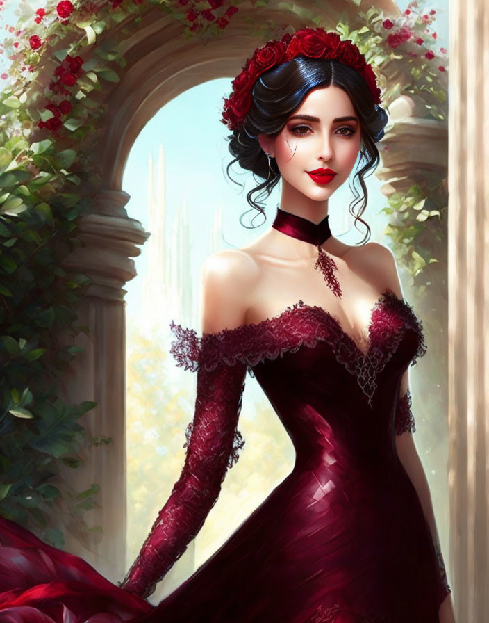 Digital Artwork: Elegant Woman with Red Roses in Burgundy Gown