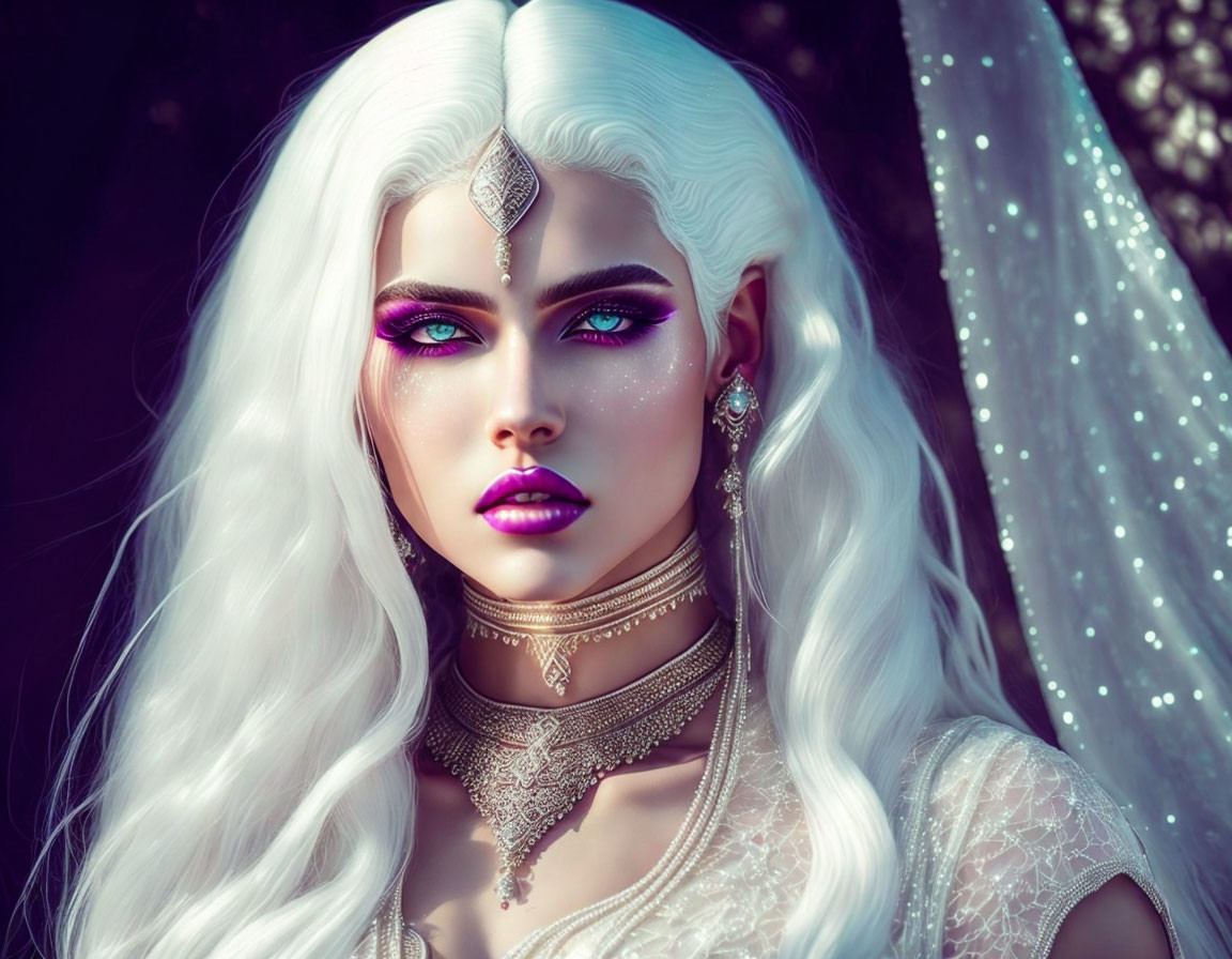 Fantasy image: Woman with white hair, blue eyes, purple makeup, jewelry, delicate attire