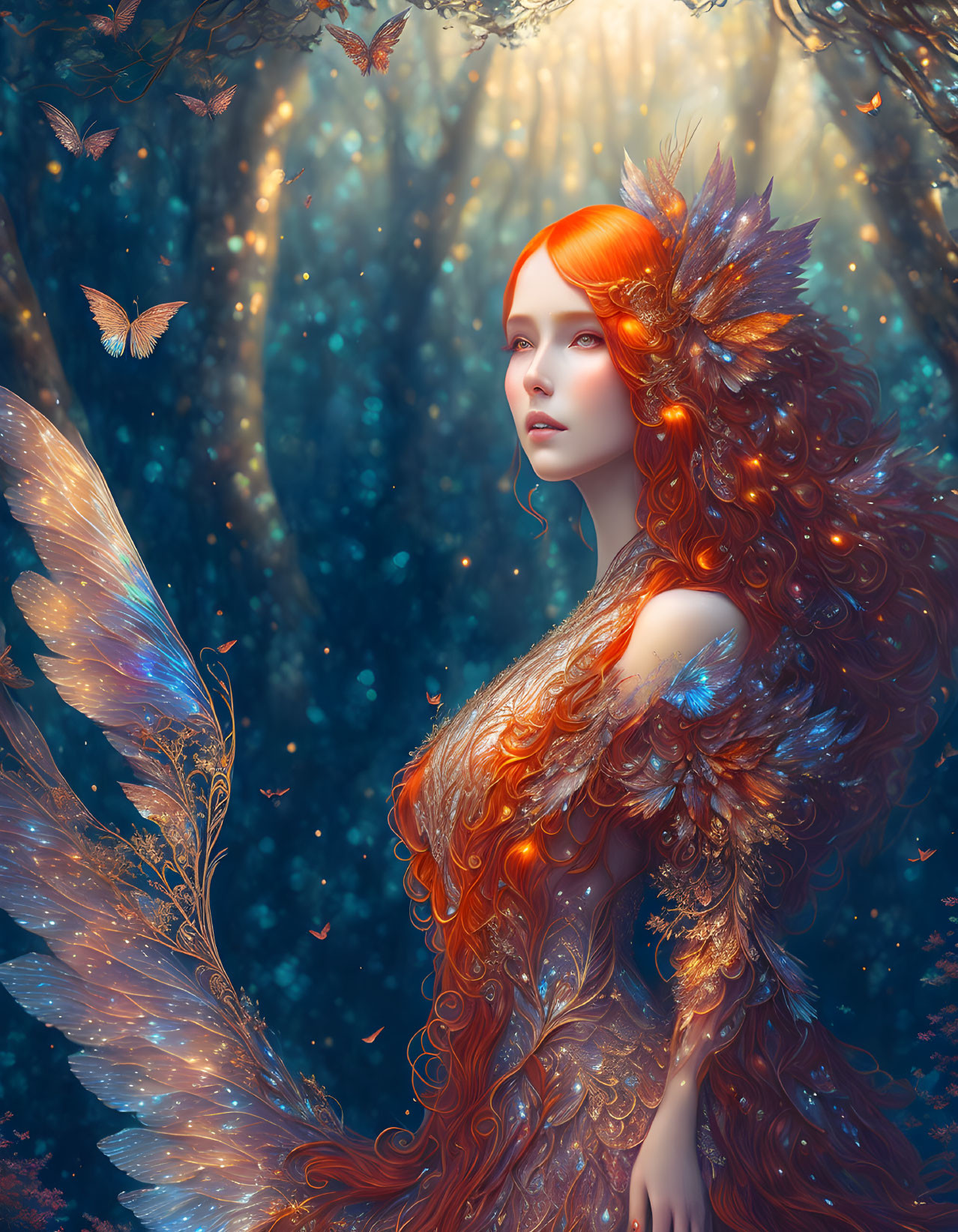 Vibrant red-haired woman in ornate dress with butterflies in glowing forest