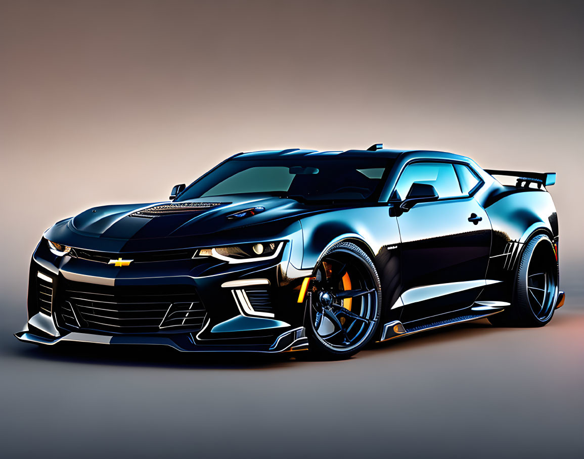 Custom Black Chevrolet Camaro Sports Car with Blue Highlights and Aggressive Styling