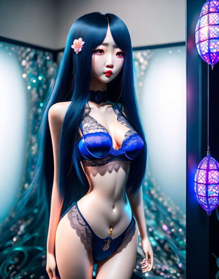 Stylized female character with long blue hair in blue and orange lingerie, adorned with a flower,