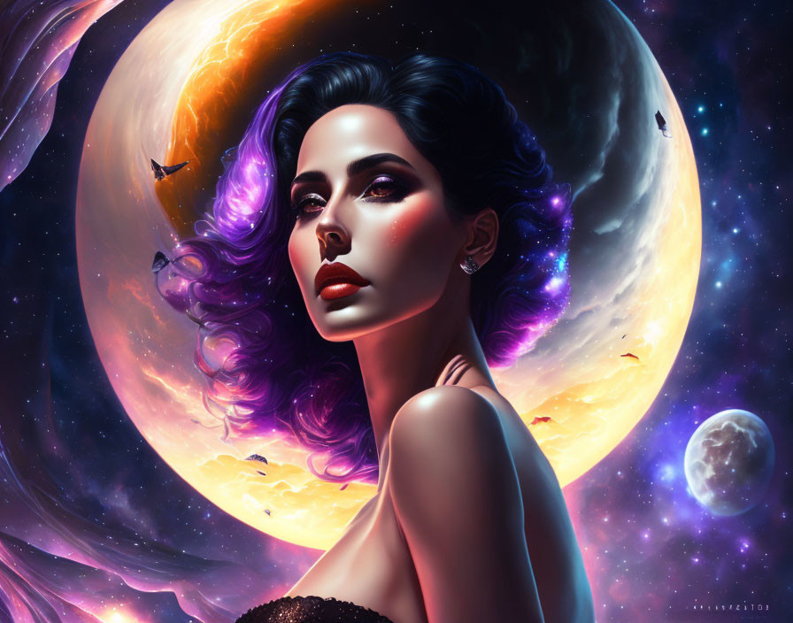 Cosmic-themed digital portrait of a woman with planets, nebula, and stars background.