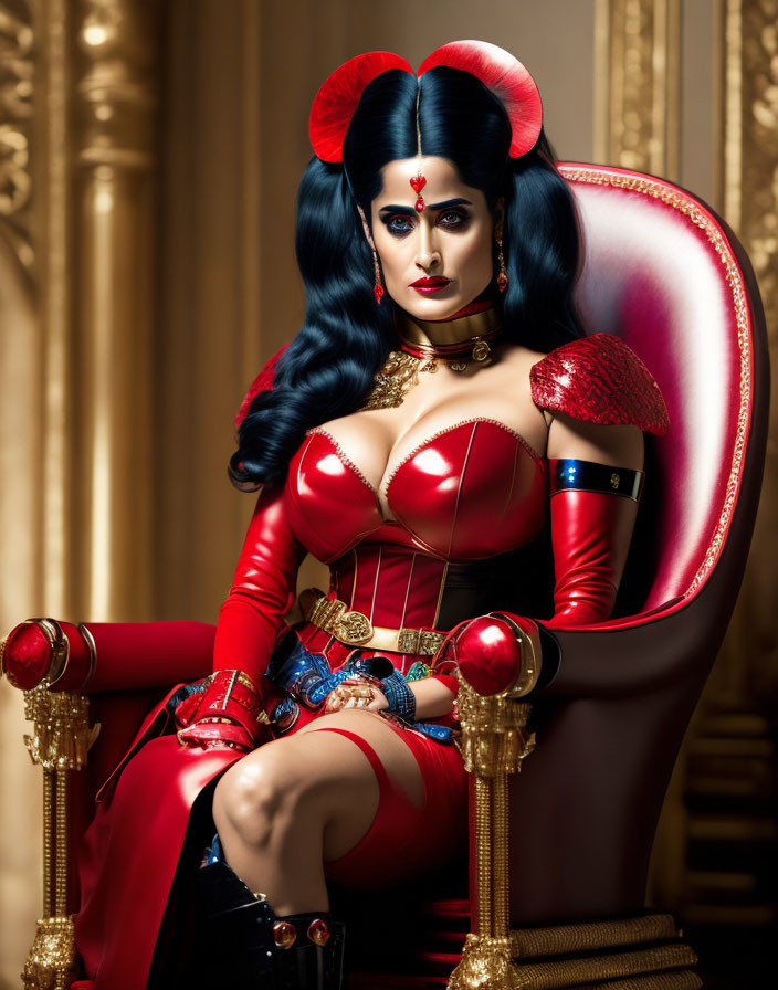 Regal woman in red and gold costume on plush chair in luxurious room