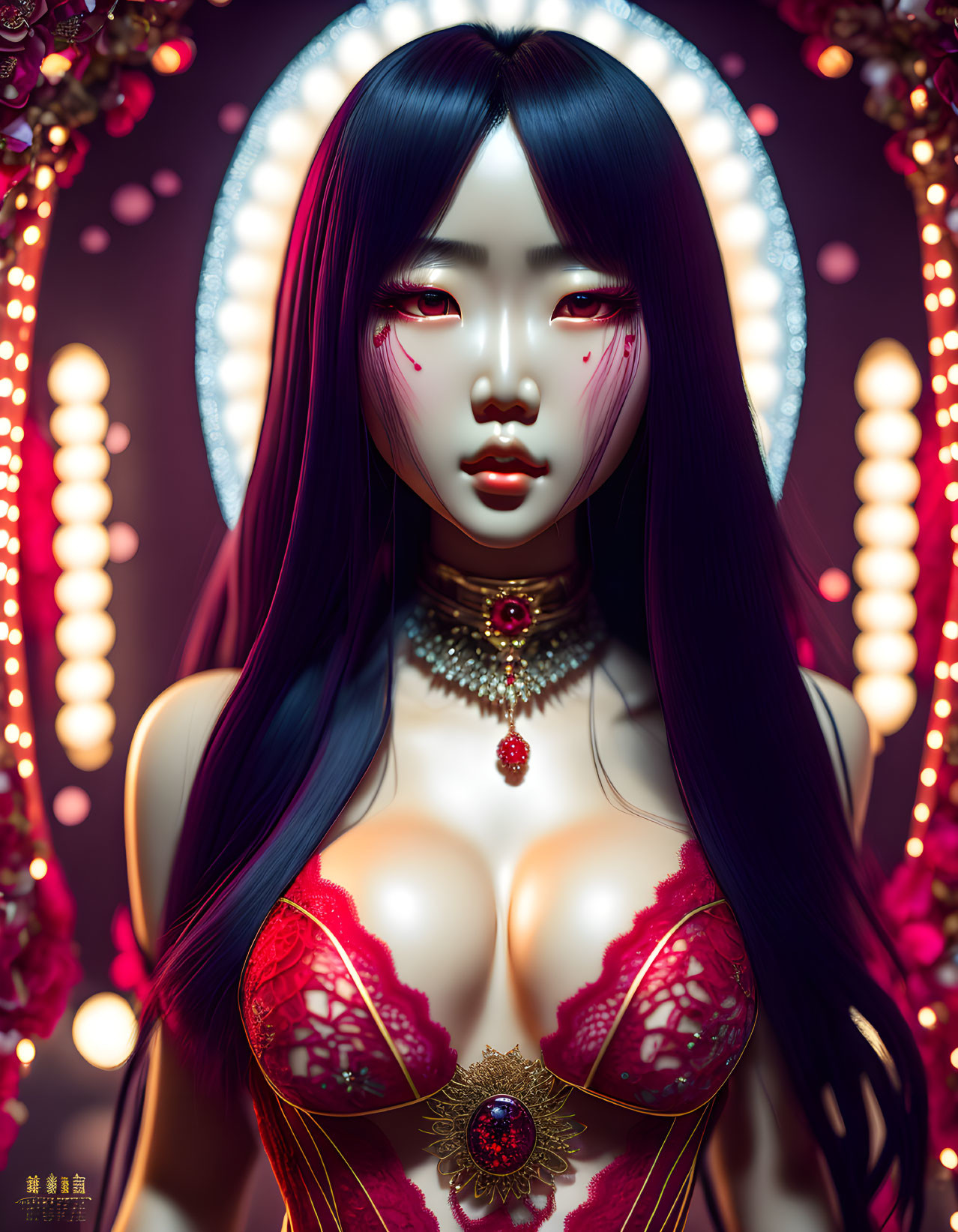 Digital artwork: Woman with black hair and red eyes in ornate attire among glowing lanterns