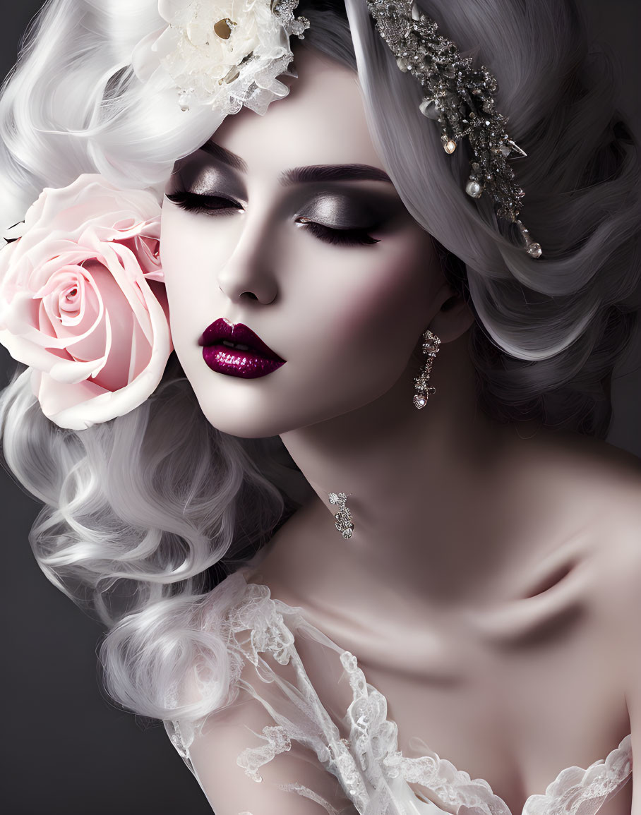 Portrait of woman with bold makeup holding pink rose & elegant accessories