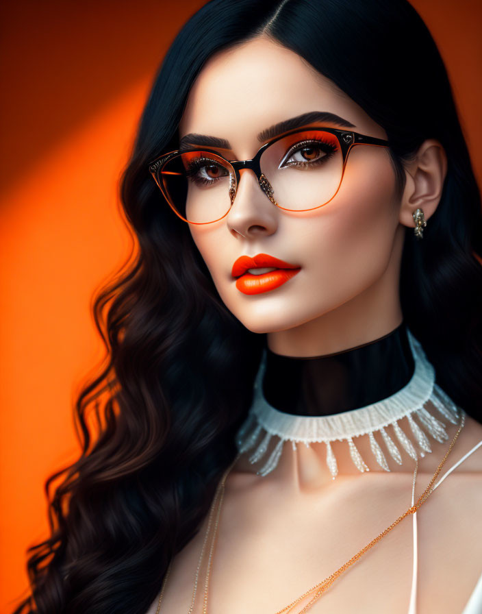 Portrait of woman with dark hair, orange lipstick, cat-eye glasses, and jewelry on orange background