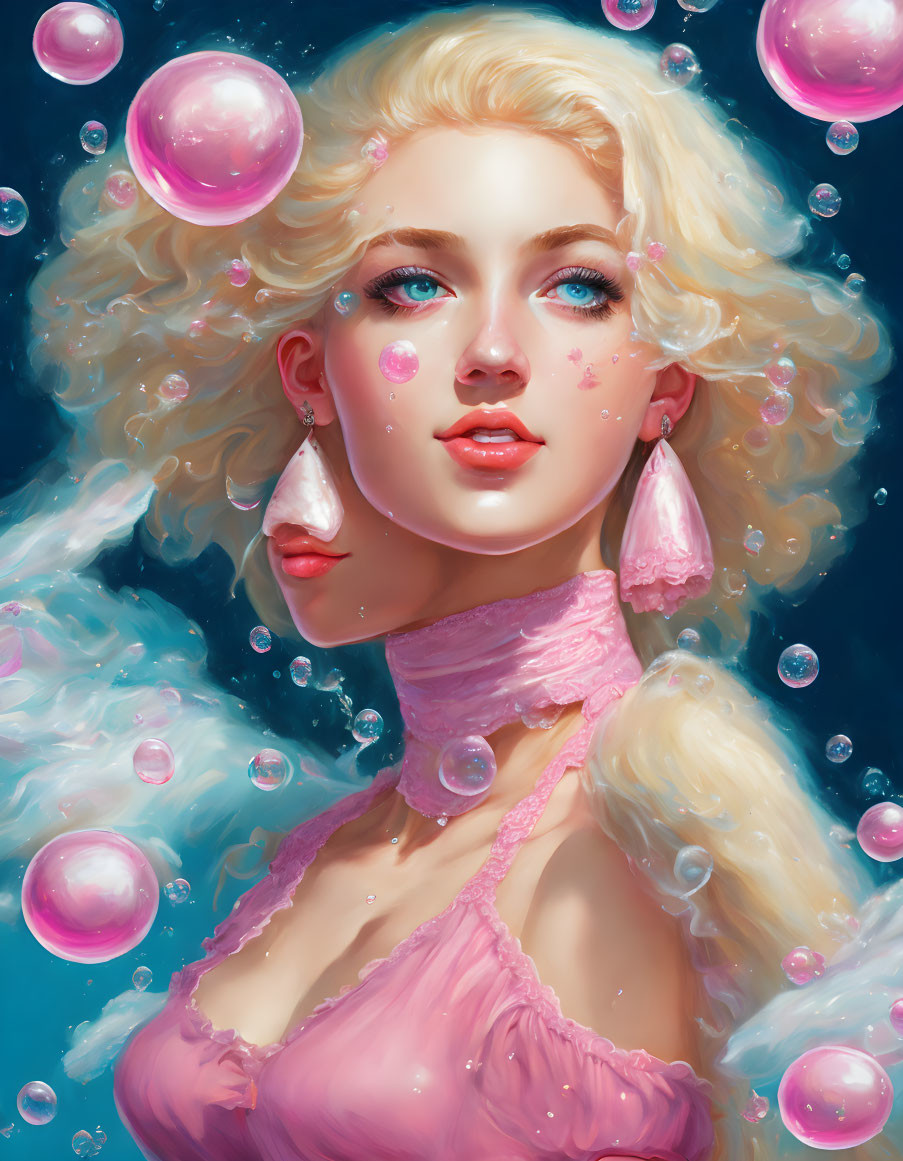 Blonde Curly-Haired Woman Surrounded by Pink Bubbles and Wearing Pink Accessories