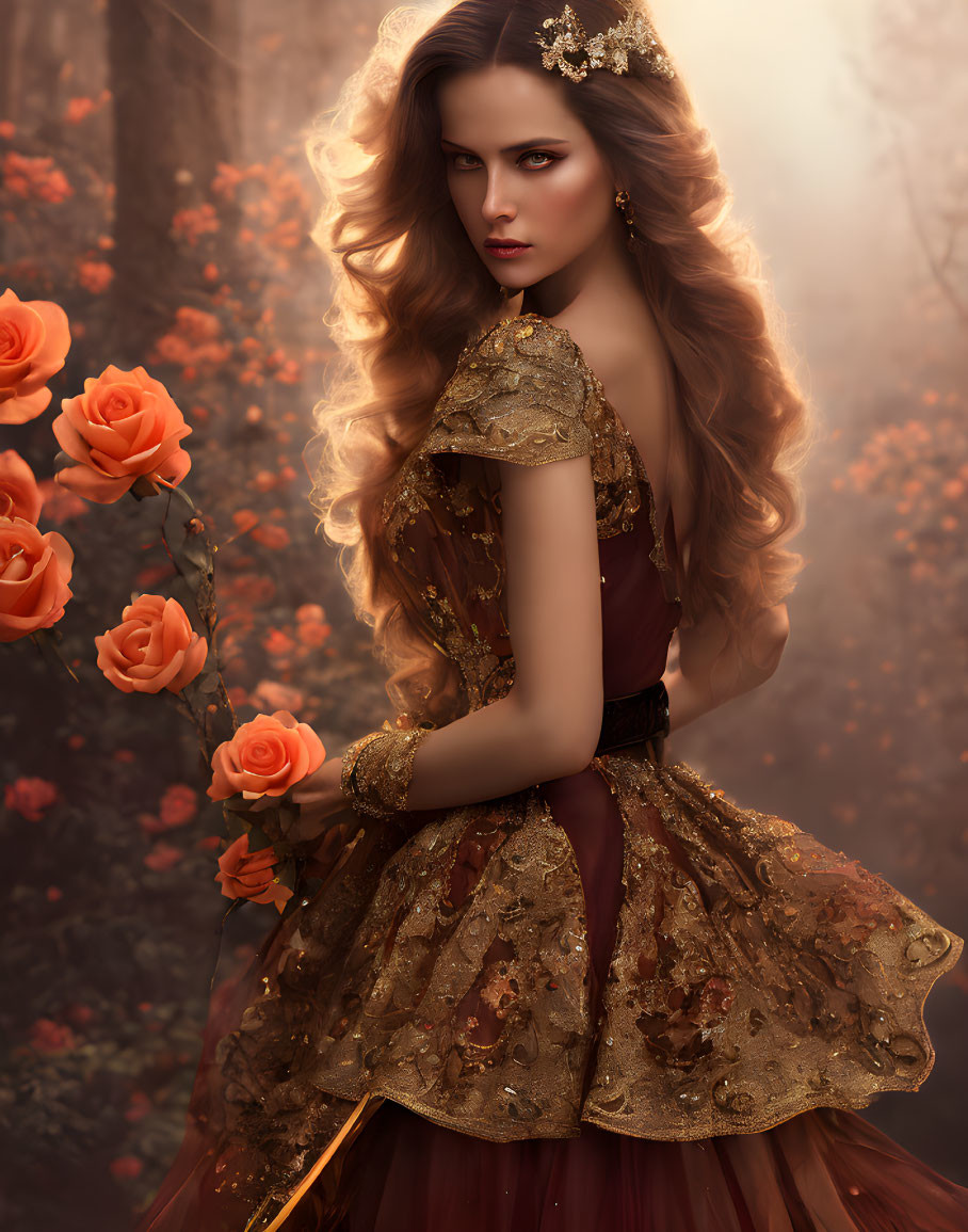 Regal woman in golden gown surrounded by roses in misty forest