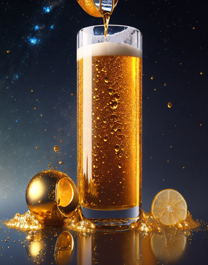 Beer being poured into glass with lemon slice and Christmas ornament on starry background