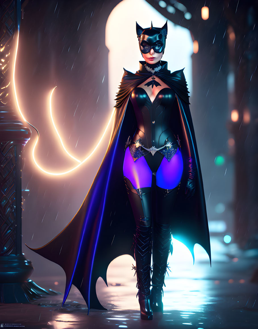 Female superhero in black and purple costume on snowy night with glowing background