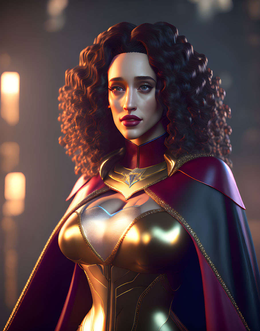 Stylized 3D illustration of woman in superhero costume with curly hair