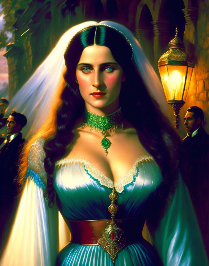 Illustration of woman with green eyes in blue and white gown by lamp post.