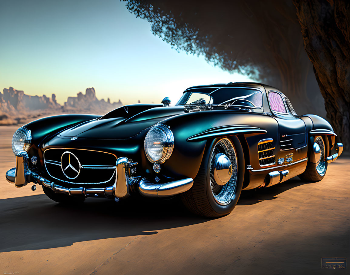 Vintage Black Mercedes-Benz 300SL with Gull-Wing Doors in Desert Sunset