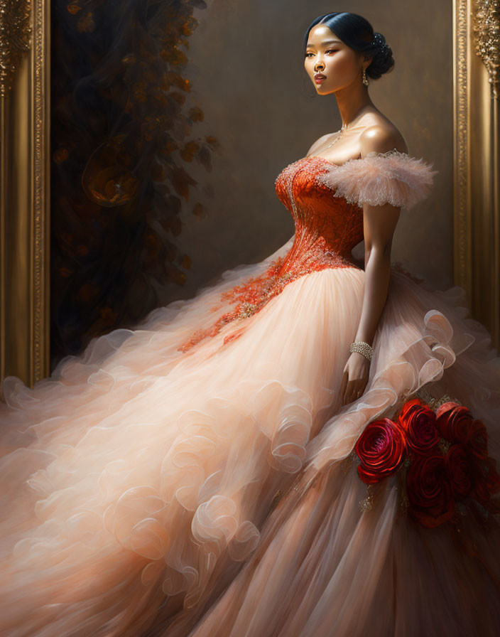 Sophisticated woman in peach ball gown beside golden framed artwork