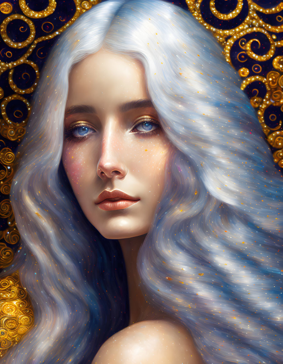 Silver-haired woman with blue eyes against dark background with gold celestial designs.