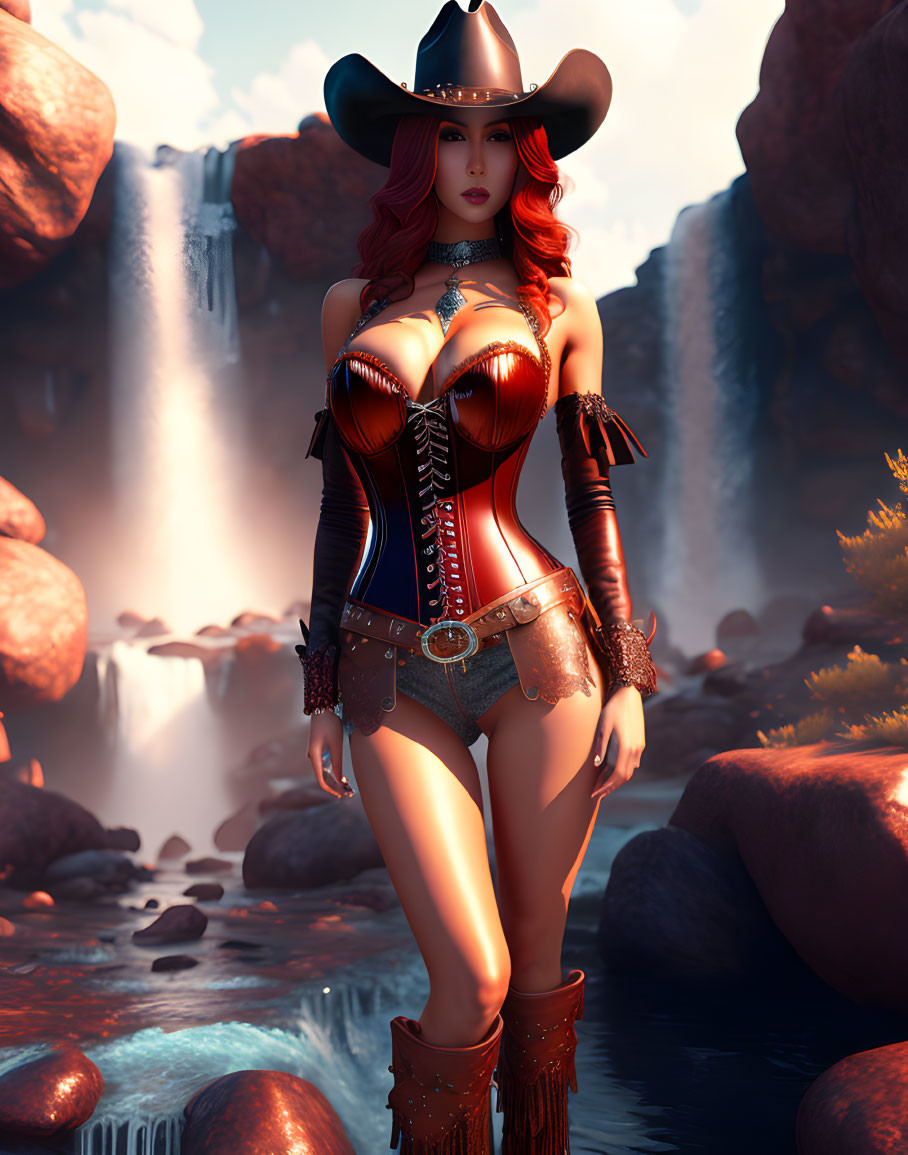 Digital artwork of woman in cowboy outfit by waterfall