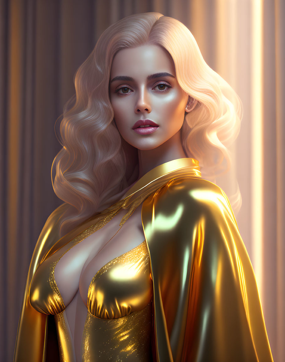 Blonde woman in golden outfit under warm light