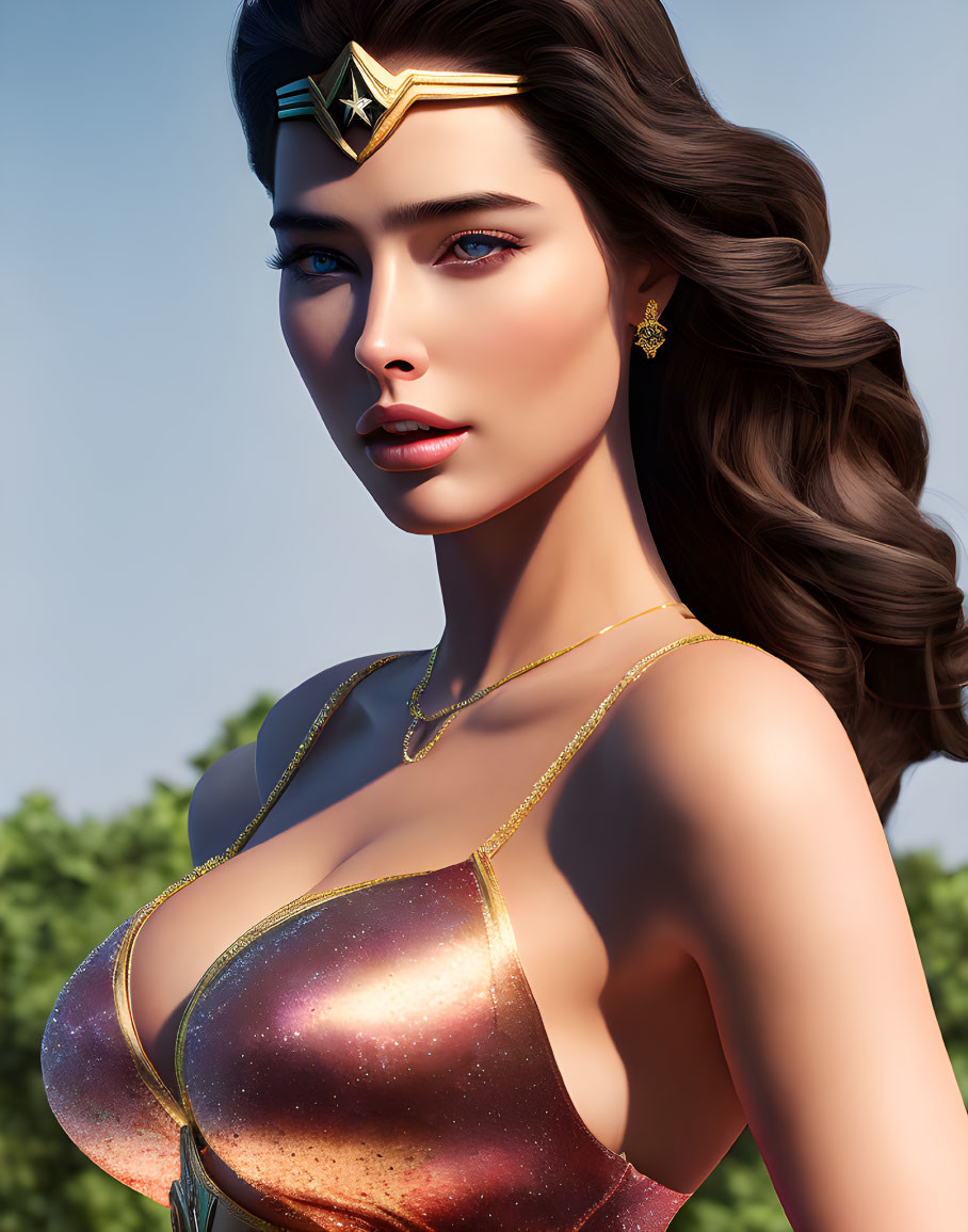 3D-rendered image of woman with blue eyes and wavy brown hair in tiara and galaxy