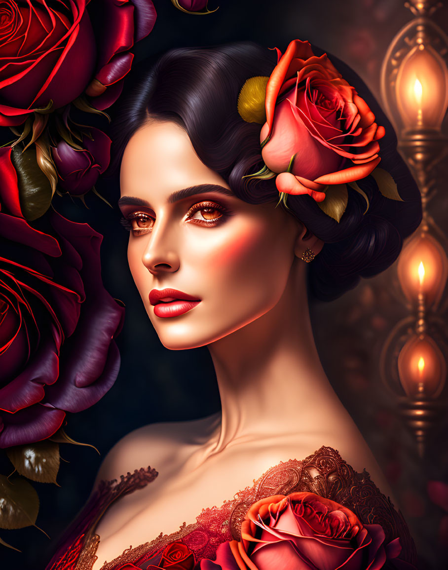 Digital Portrait of Woman Surrounded by Vibrant Roses and Lace Details