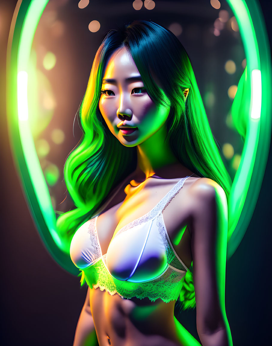 Green-tinted hair woman in neon backlit setting with lace attire