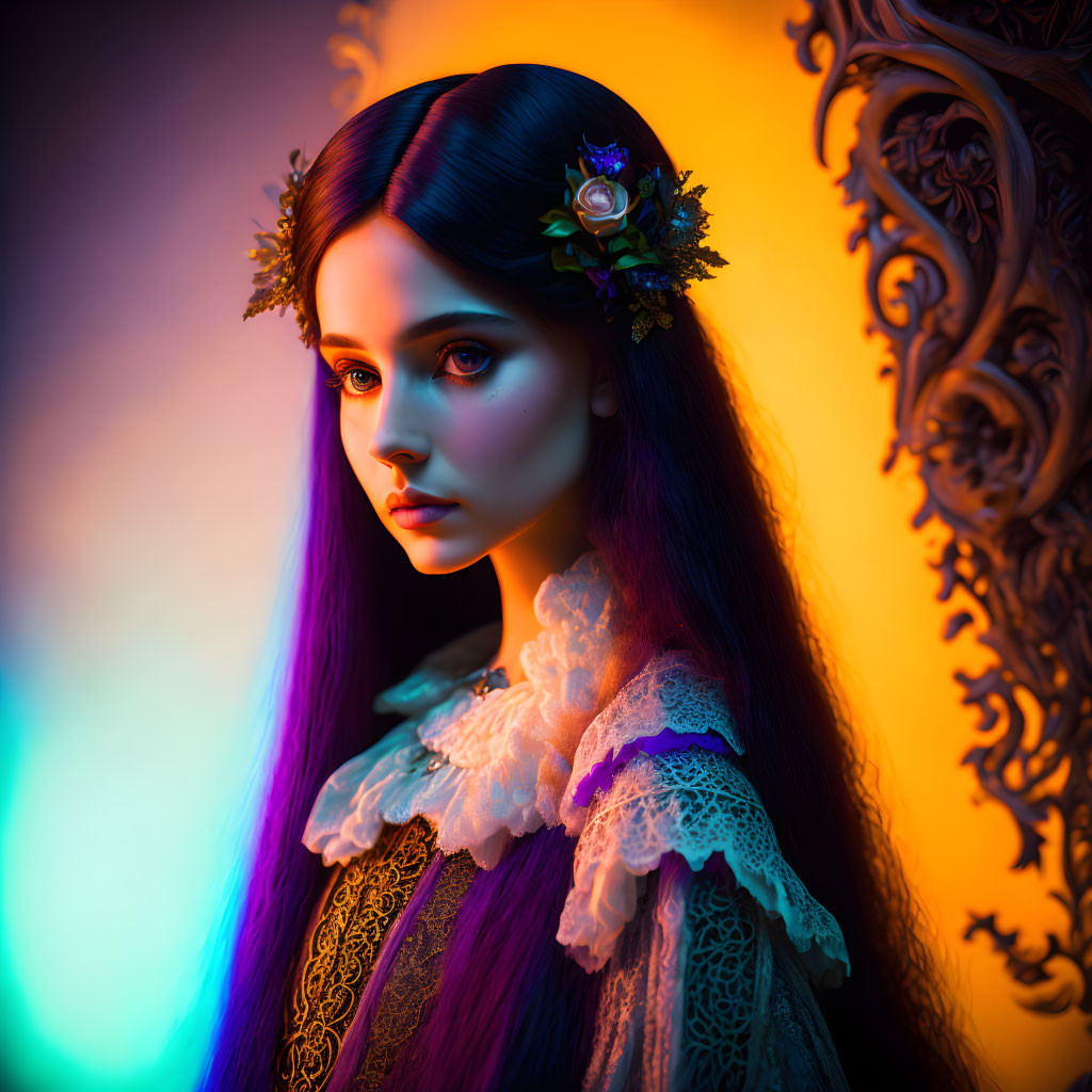 Portrait of woman with flowing purple hair and floral headpiece against ornate backdrop