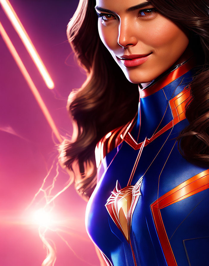 Digital portrait of a woman in superhero costume with flowing hair and dynamic lighting