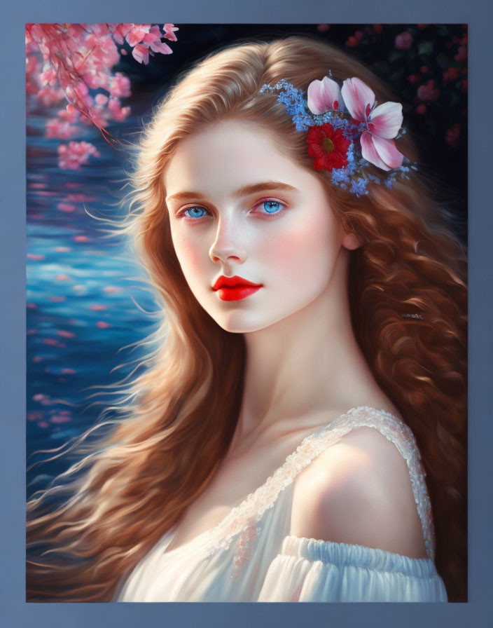 Portrait of young woman with long wavy hair and blue eyes in cherry blossom setting