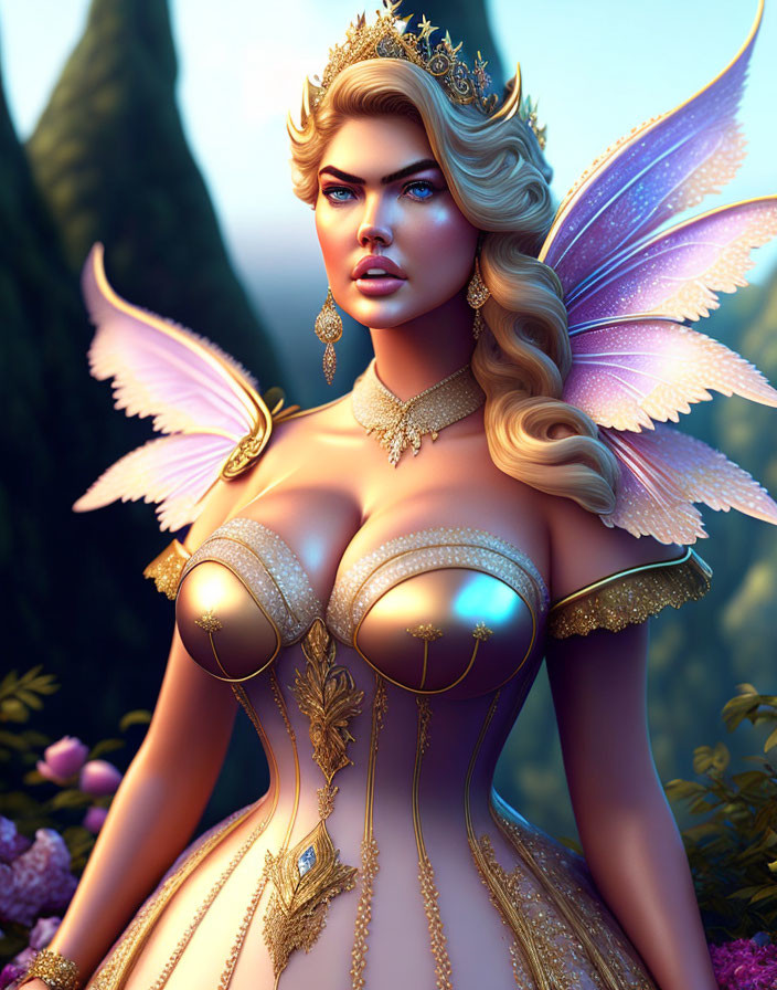 Digital artwork of fairy in golden armor, crown, iridescent wings, floral background