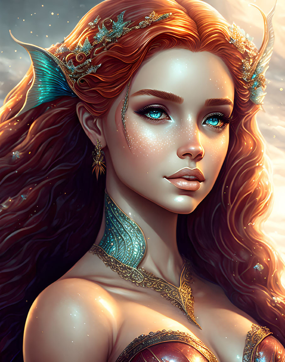 Fantastical female digital artwork with blue eyes, gold jewelry, and red hair