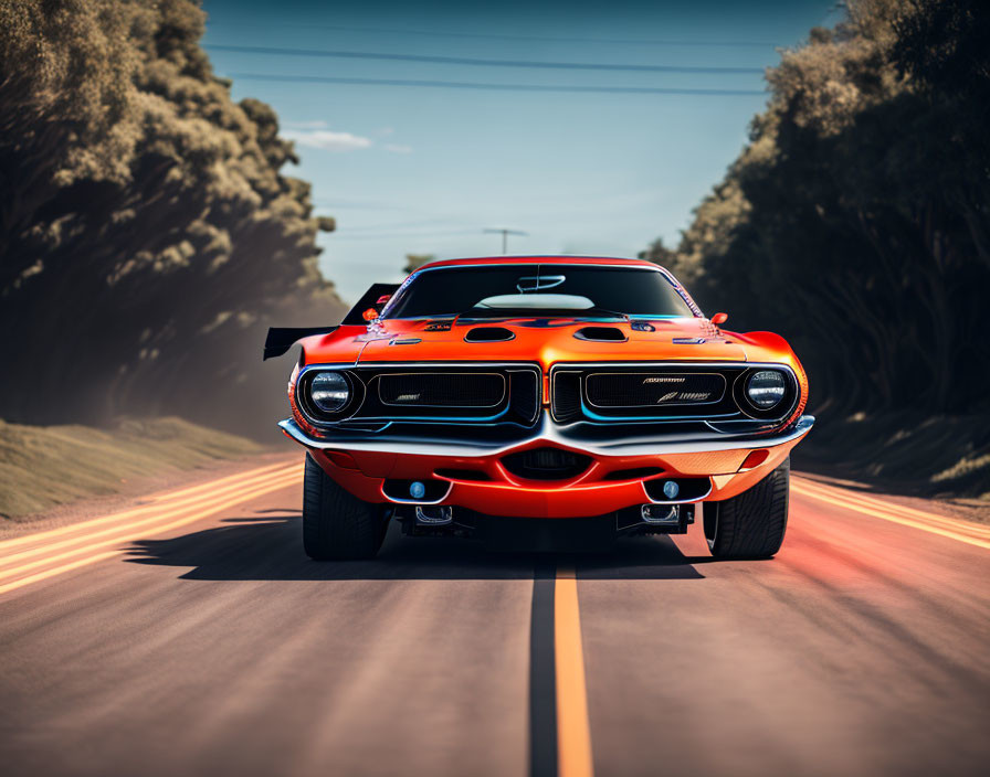 Vintage muscle car with bright orange color and black stripe design on hood drives down tree-lined road