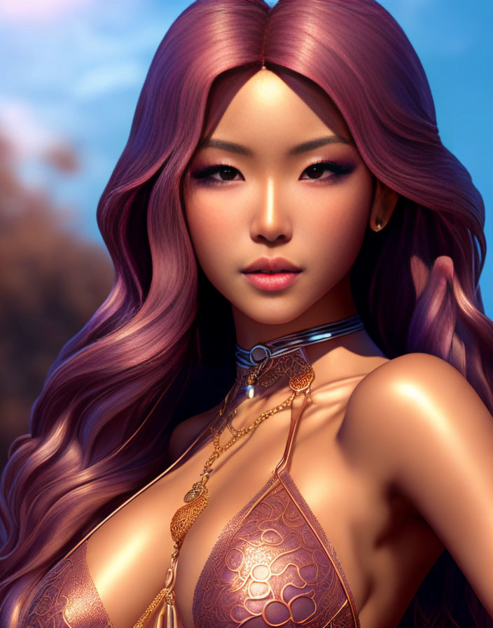 Illustration of woman with long purple hair, gold jewelry, subtle makeup, twilight backdrop