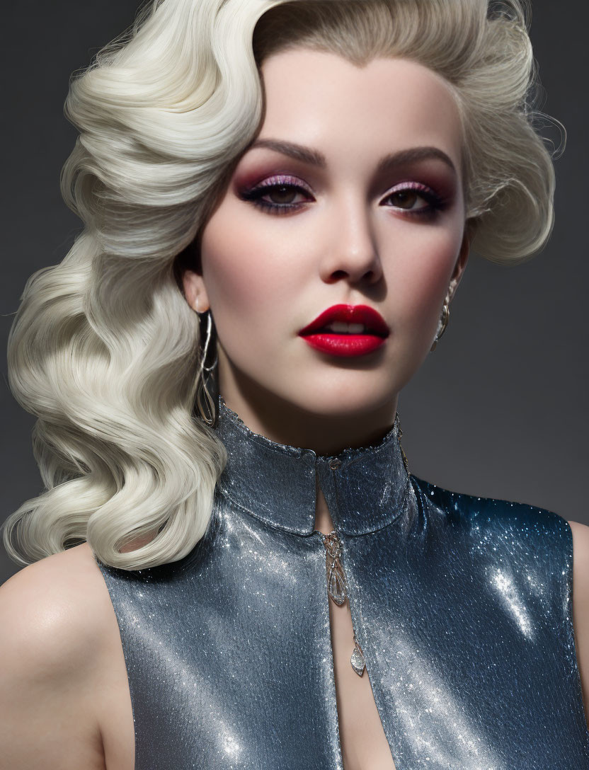 Blonde woman with red lipstick in metallic top