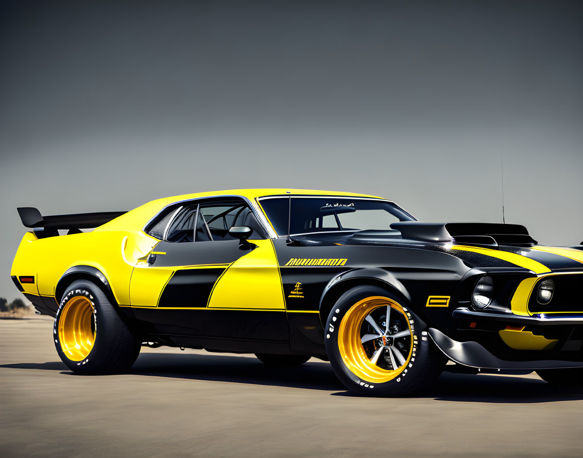 Yellow and Black Vintage Muscle Car with Racing Stripes and Custom Wheels on Airstrip