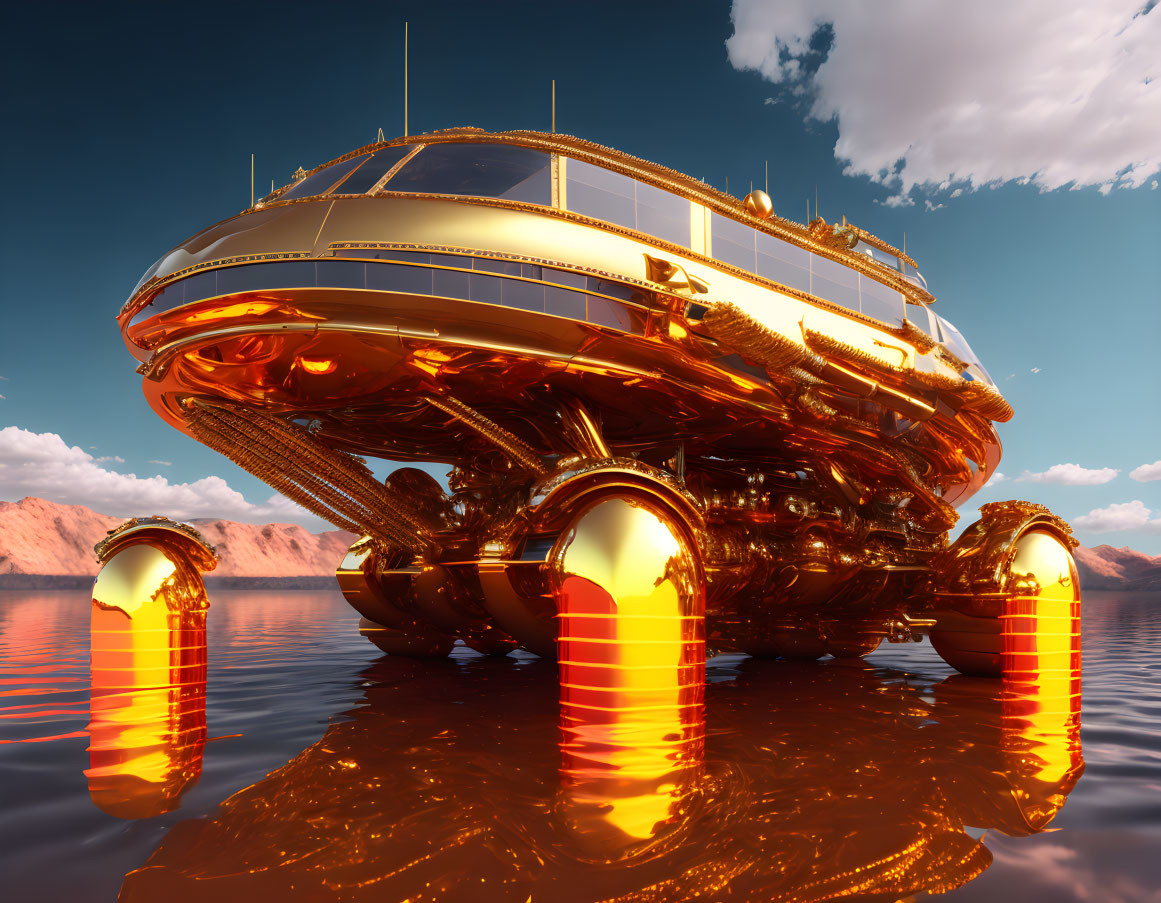 Golden futuristic yacht on tranquil waters with mountain backdrop.