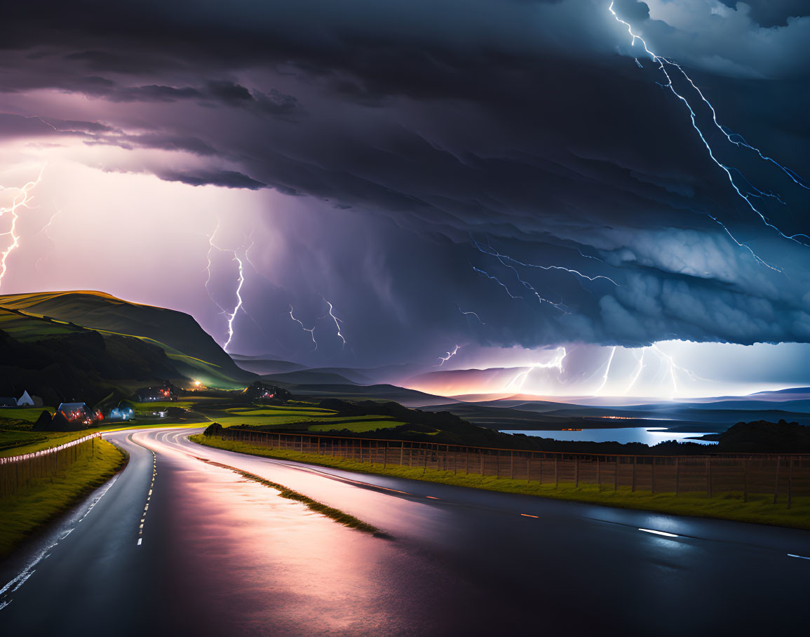 Dramatic thunderstorm with lightning strikes over twilight landscape