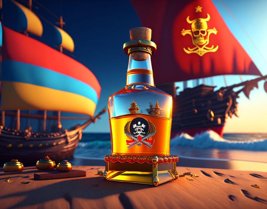 Pirate emblem bottle on sandy beach with skull and crossbones ship in background