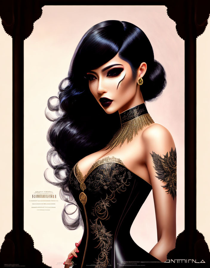 Stylized woman with dramatic makeup, wavy black hair, gold-accented corset,