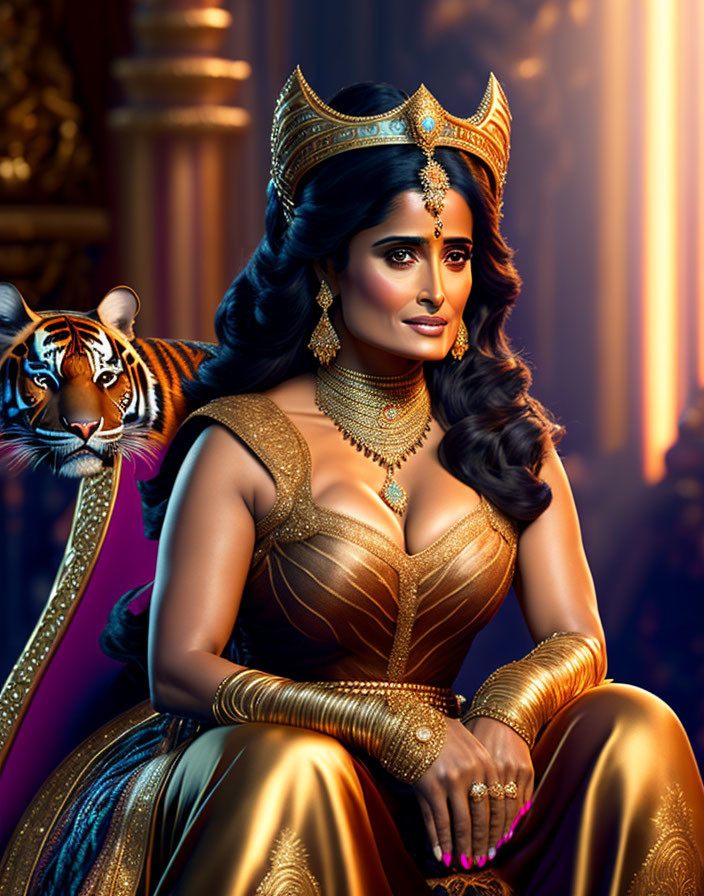 Regal woman in golden attire with crown beside majestic tiger