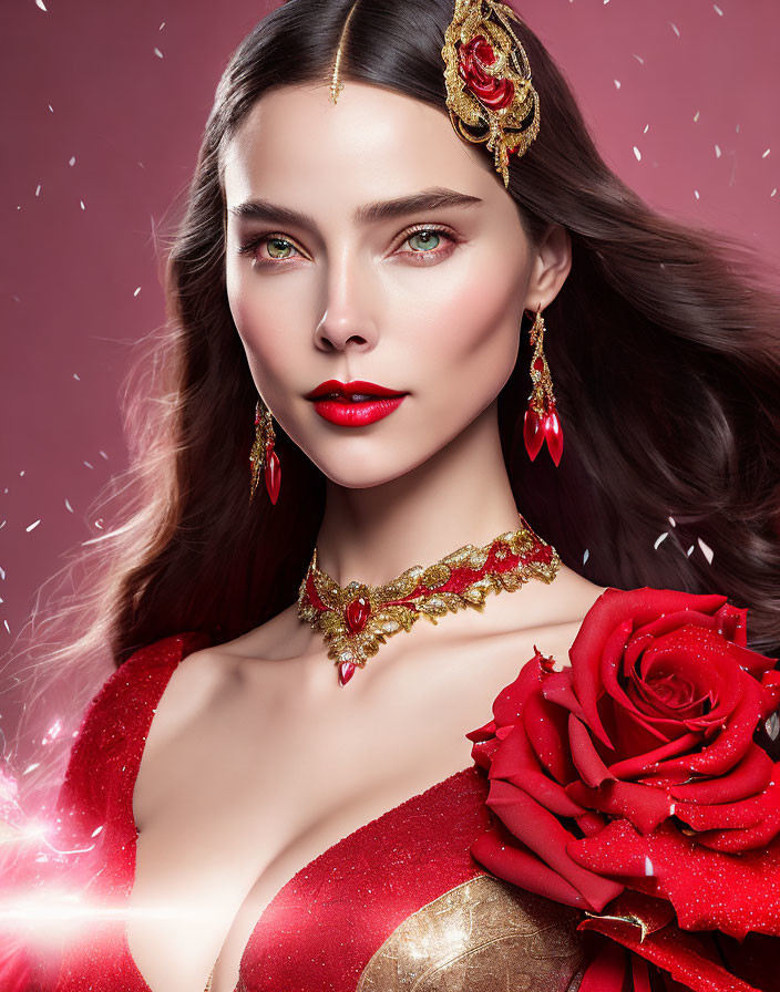 Portrait of Woman with Green Eyes and Elaborate Gold and Red Jewelry Holding Red Rose on Sparkling