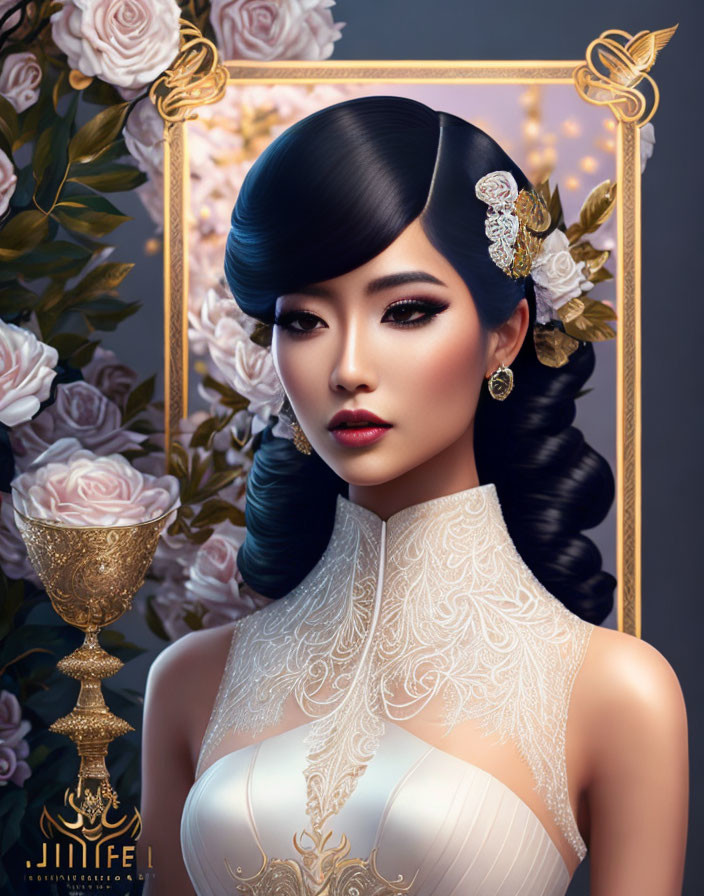 Vintage-inspired portrait of a woman in detailed attire surrounded by roses and gold accents