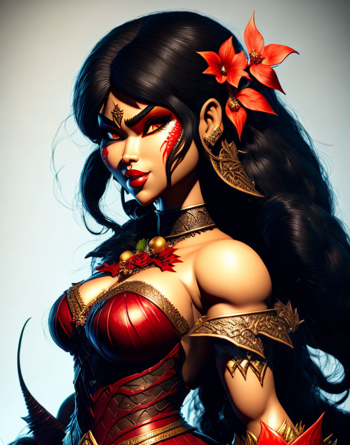 Fantasy warrior woman in ornate red and gold armor with vibrant red flowers in hair