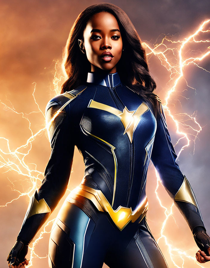 Female Superhero in Blue and Gold Suit with Star Emblem and Lightning Effects