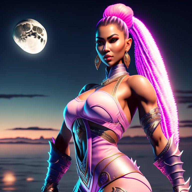 Illustration of woman with pink glowing hair in futuristic armor under night sky