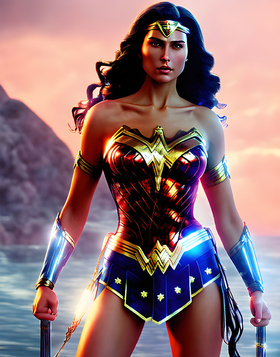 Female superhero with lasso in armored costume against sunset seascape