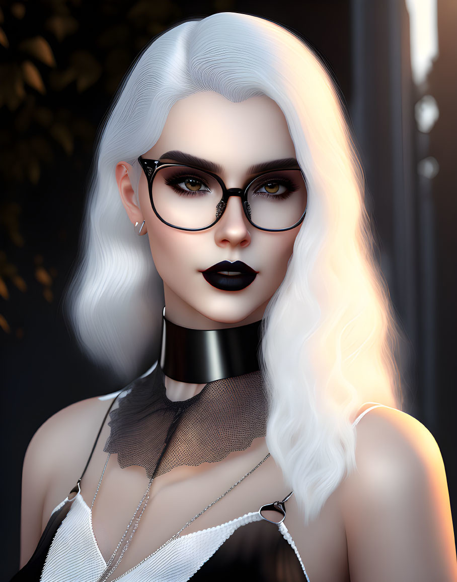 Stylized portrait of woman with silver hair and black lipstick