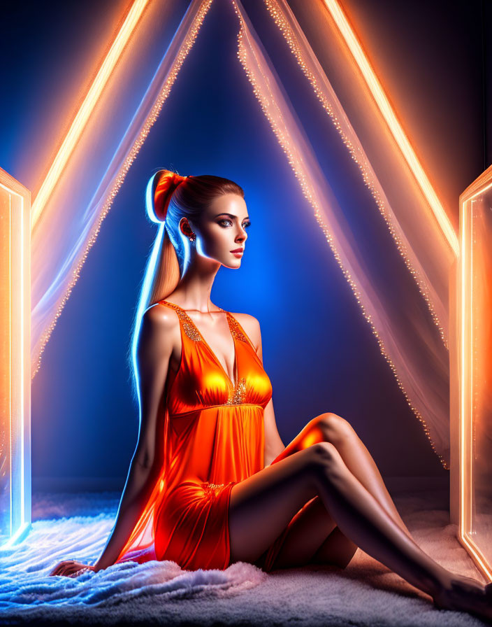 Woman in Orange Dress Surrounded by Neon Lights on Fluffy Surface