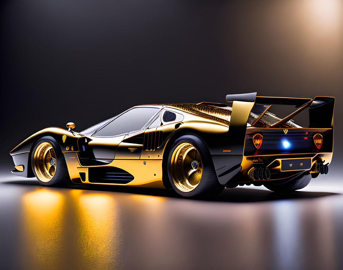 Luxurious Black and Gold Sports Car with Sleek Design and Prominent Rear Wing