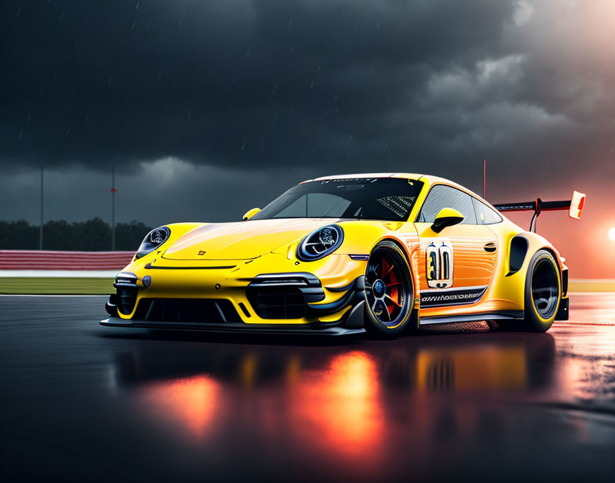 Bright yellow sports car on wet racetrack during stormy weather